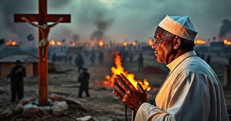 Ks. nigeryjski modli się przed krzyżem na tle spalonych wsi i terrorystów ISIS