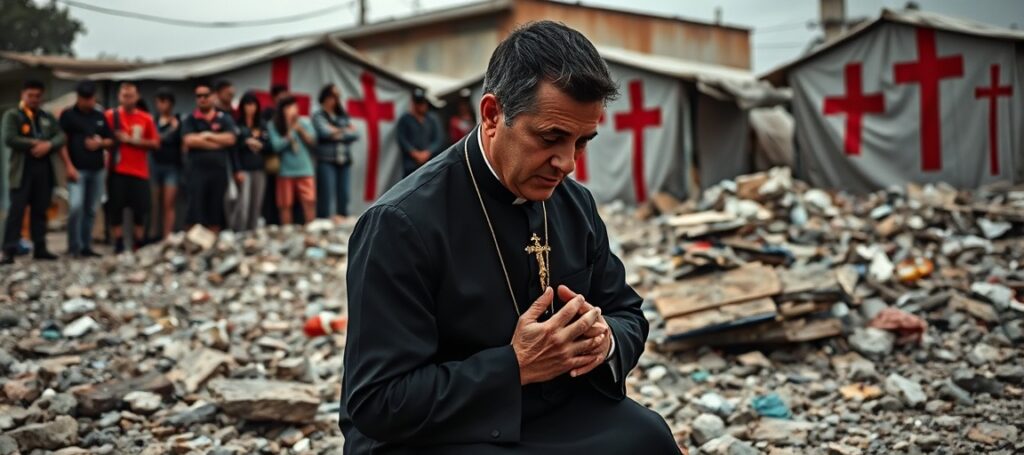 Ksiądz katolicki modlący się wśród ruin Caraballedy w Wenezueli po trzęsieniu ziemi – symbol prawdziwej nadziei chrześcijańskiej