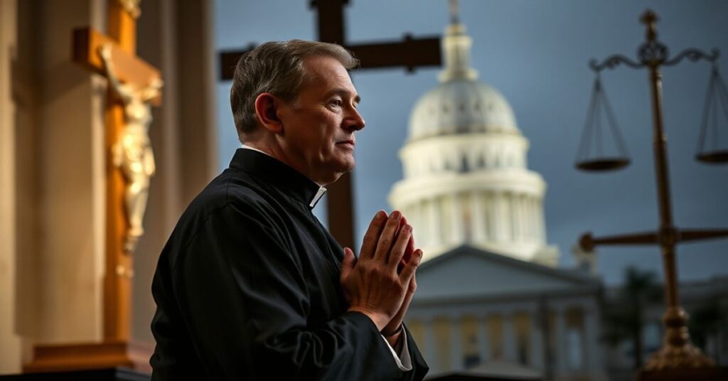 Ks. w czarnej sutannie modli się przed krzyżem przed budynkiem Kapitolu Stanów Zjednoczonych w Wirginii, symbolizując upadek moralności.