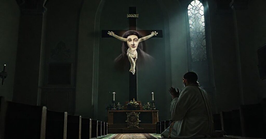 Modląc się katolicki ksiądz przed krucyfiksem z wizerunkiem Marii Coriny Machado.