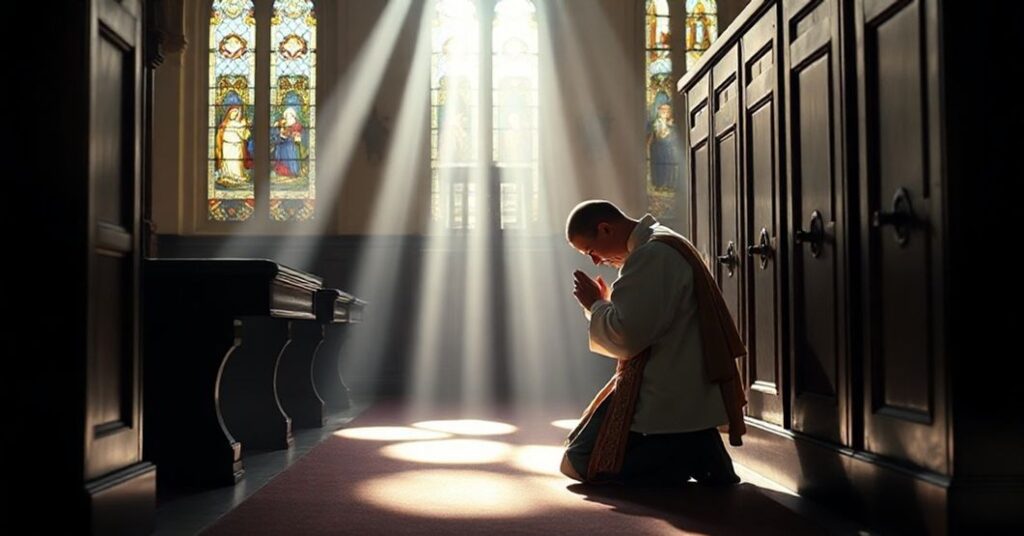 Ks. w tradycyjnych szatach kapłańskich modlących się przed konfesjonałem w kościele z promieniami słońca przecinającymi kolorowe witraże