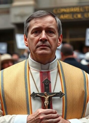 Ksiądz modlący się przed synagogą Congregation Ohr Torah w New Jersey Ksiądz w tradycyjnych szatach liturgicznych stoi przed wiernymi przed synagogą Congregation Ohr Torah w New Jersey, z góry patrzy na protestujących.