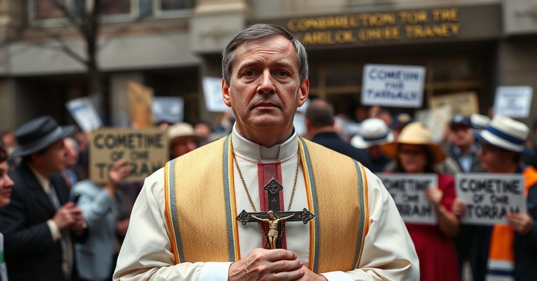 Ksiądz modlący się przed synagogą Congregation Ohr Torah w New Jersey Ksiądz w tradycyjnych szatach liturgicznych stoi przed wiernymi przed synagogą Congregation Ohr Torah w New Jersey, z góry patrzy na protestujących.