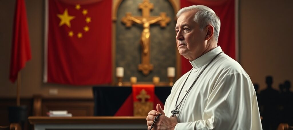 Ksiądz stojący przed ołtarzem kościoła z żalosnym wyrazem twarzy, trzymając różaniec, z tłem przedstawiającym chińską flagę i cierpiących katolików w Chinach.