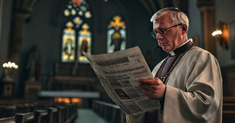 Ksiądz katolicki w tradycyjnych szatach liturgicznych trzymający różaniec, z wyrazem głębokiego smutku na twarzy, patrząc na wiadomość o ONZ promującą aborcję jako prawo człowieka.