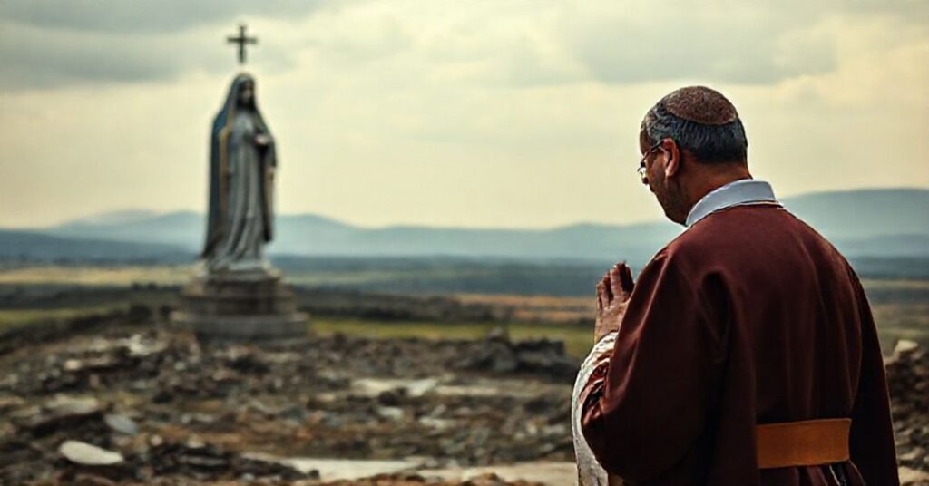 Ks. w tradycyjnym stroju modląc się przed rzeźbą Matki Boskiej z Fatimy na tle zniszczonego krajobrazu