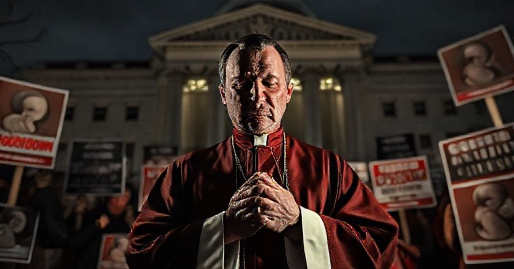 Ksiądz w tradycyjnych szatach modli się z głębokim smutkiem przed ponurym budynkiem rządowym otoczony transparentami potępiającymi aborcje.