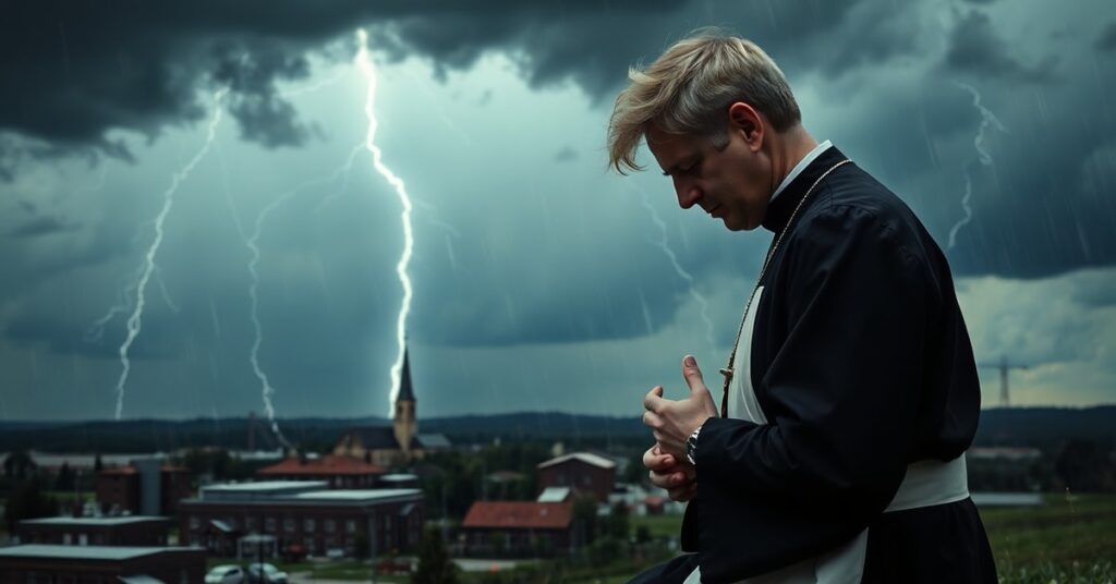 Kapłan modlący się w obliczu nadciągającej burzy nad Polską – znak czasu i wezwanie do nawrócenia