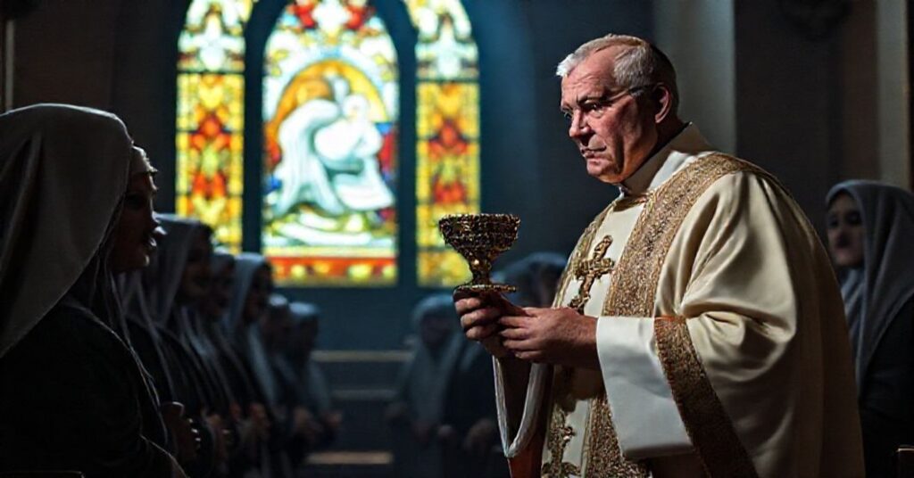 Ksiądz w liturgicznych szatach trzyma monstrancję przed nunnami w kościele, symbolizując walkę z aborcją