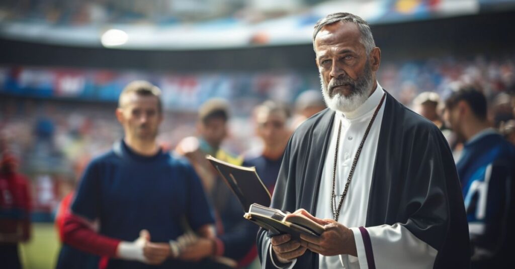 Tradycyjny ksiądz katolicki w ornaty na tle wydarzenia sportowego w Bielsku-Białej, symbolizujący krytykę redukcji Ewangelii do zasad fair play