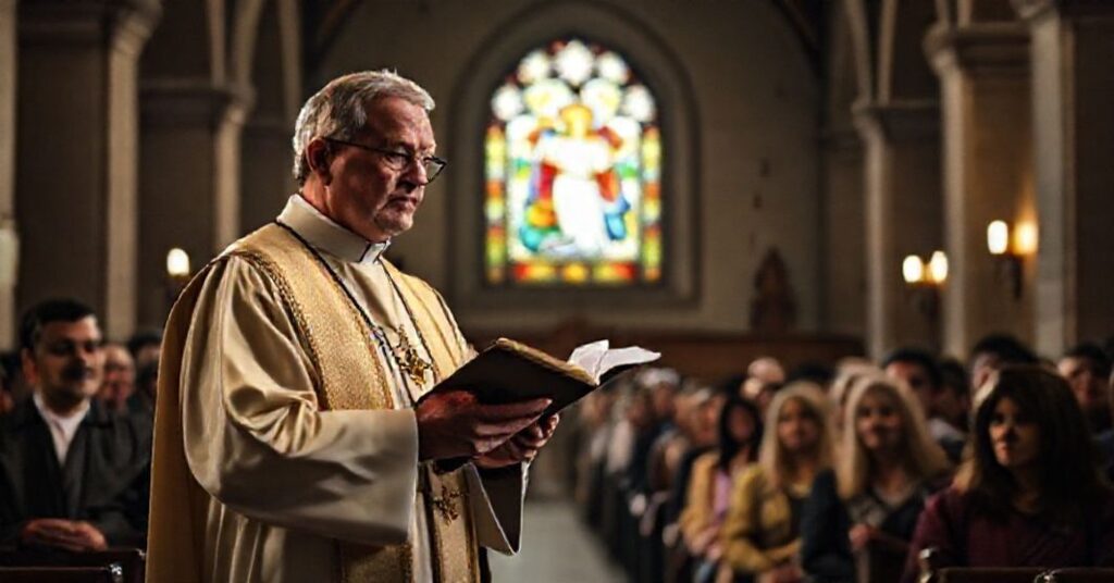 Ks. w tradycyjnym stroju kapłańskim przemawia do parafian w kościele o niebezpieczeństwach szczepień COVID-19