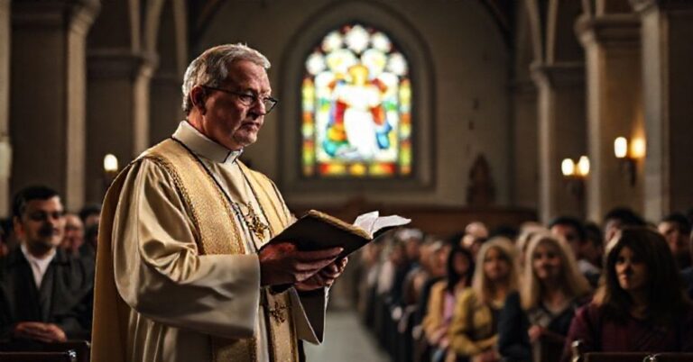 Ks. w tradycyjnym stroju kapłańskim przemawia do parafian w kościele o niebezpieczeństwach szczepień COVID-19