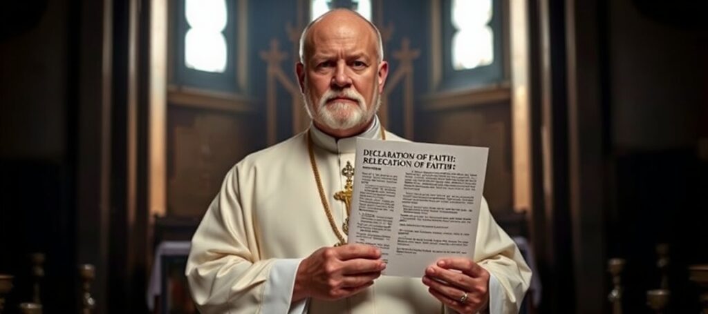 Obraz przedstawiający tradycyjnego księdza w szatach liturgicznych przed ołtarzem z Deklaracją Wiary Bractwa św. Piusa X w ręku.