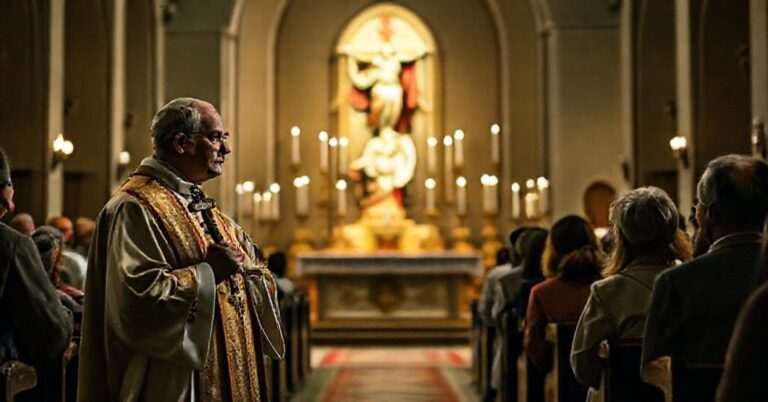 Ks. w tradycyjnych szatach kościelnych przemawia do wiernych w kościele, podkreślając potrzebę królestwa Chrystusa w walce z przemocą.