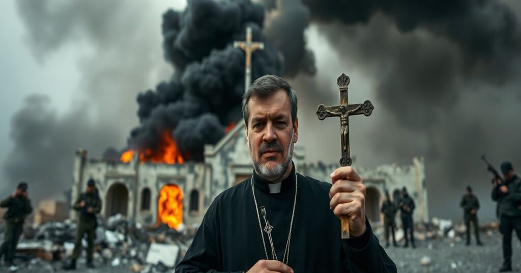 Ksiądz katolicki stoi przed palącym się kościołem w Iranie, z czarnym dymem unoszącym się na tle. Trzyma krucyfiks, jego twarz oznaczona żałobą i rezygnacją, symbolizując prześladowanie chrześcijan w Iranie. Obraz przedstawia ostry kontrast między świętym a profanum, z ruinami kościoła i uzbrojonymi członkami Korpusu Strażników Rewolucji Islamskiej (IRGC) w odległości.