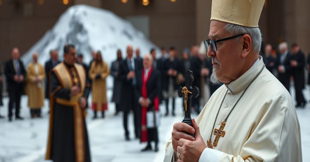 Ksiądz katolicki w tradycyjnych ornatach patrzy z żalem na Larry'ego Finka chronionego przez ochroniarzy podczas Forum Ekonomicznego w Davos.