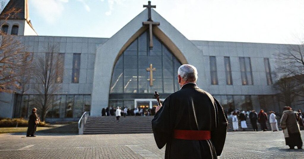 Ksiądz w tradycyjnym stroju katolickim stoi w przerażeniu przed modernistycznym Centrum św. Wojciecha we Wrocławiu