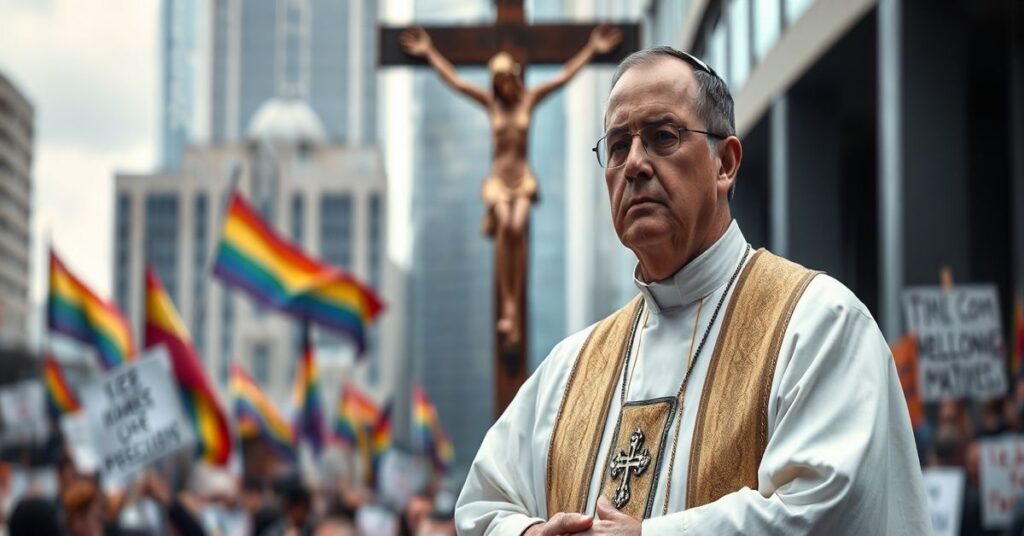 Priest standing before a crucifix with a determined expression, symbolizing the spiritual fight against modernist errors.
