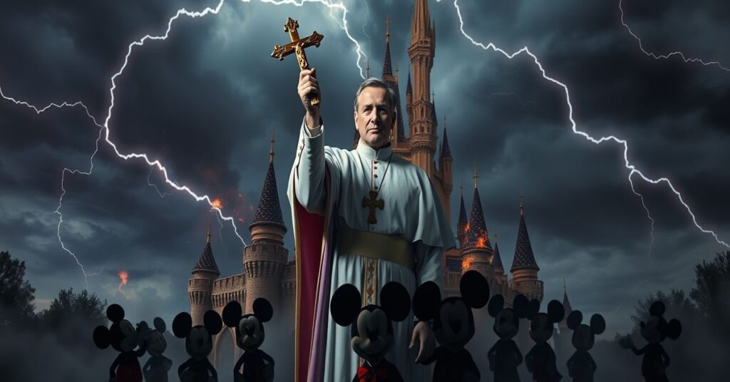 Ks. stojący przed płonącym zamkiem Disneya, trzymając krzyż i symbolizując opór wobec propagandy LGBT.