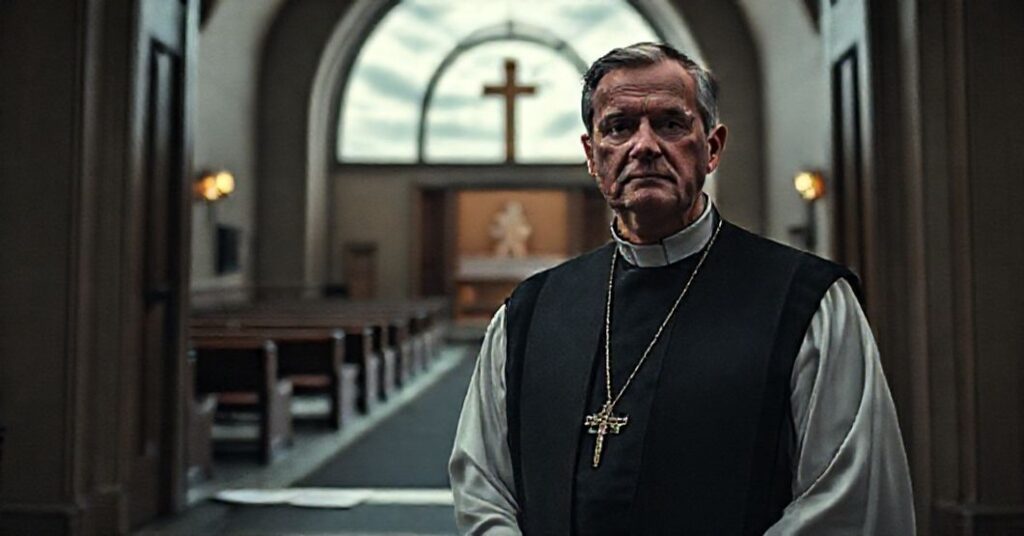 Ksiądz stoi przed zamkniętymi drzwiami kościoła podczas lockdownu, symbolizując utraty duchowe z powodów sekularyzacji