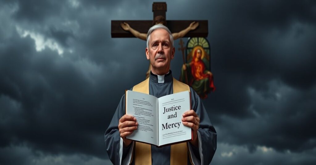 Soból w tradycyjnym sutannie przed krzyżem z widocznym Piekłem i Czyścicielskim na szybie witrażowej na tle burzowego nieba.