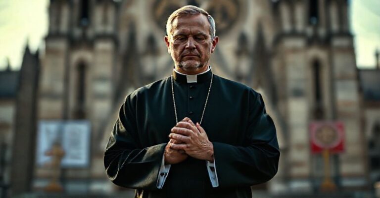 Tradycyjny ksiądz w sutannie stoi przed katedrą w Radomiu w atmosferze moralnego poważania.