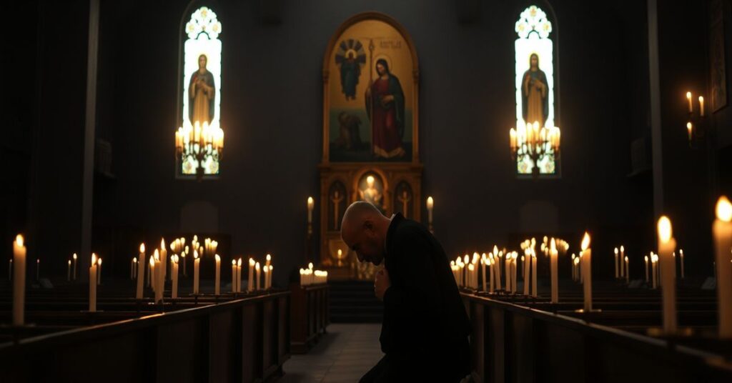 Ksiądz Robert Aserian modli się w ciemnej kościelnej kaplicy w Iranie, otoczony świecami i ikonami katolickimi.