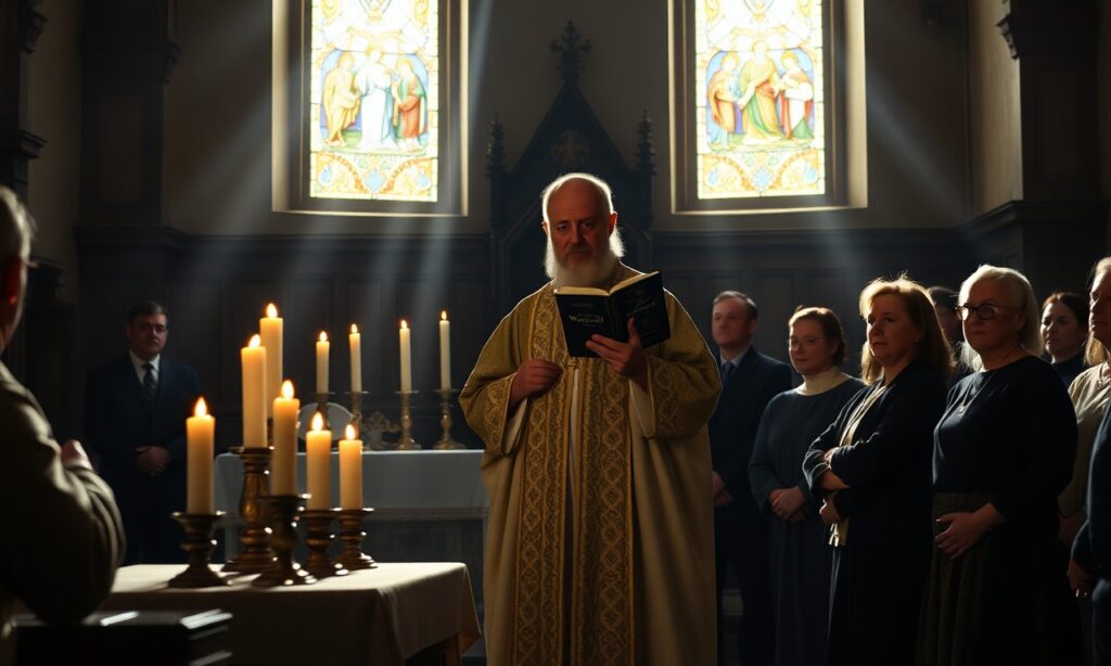 Sobór katolicki z ołtarzem i księdzem Robertem Francisem Prevostem w szatach liturgicznych trzymającym książkę 'Wolni dzięki łasce'. Wierni słuchają homilii w ciemnym kościele z promieniami słońca przechodzącymi przez witraże.