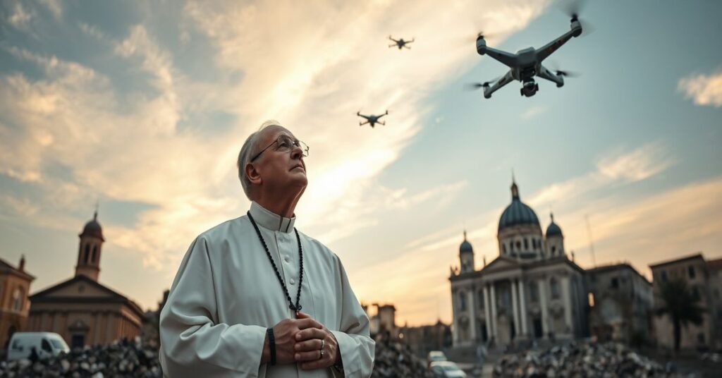 Ksiądz w tradycyjnym sutannie stoi przed zniszczonym miastem w Europie na świcie, patrząc z troską na przelatujące drony wojskowe. Ruiny kościołów i katedr widoczne są w tle, symbolizując duchowy upadek obok fizycznej destrukcji. Ksiądz trzyma różaniec, symbolizując wezwanie do interwencji boskiej ponad humanistyczną dyplomacją.