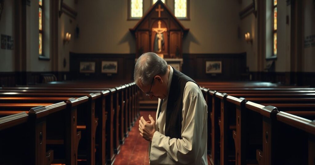 Ksiądz modli się w pustym kościele, podkreślając samotność duchownych w Kościele posoborowym