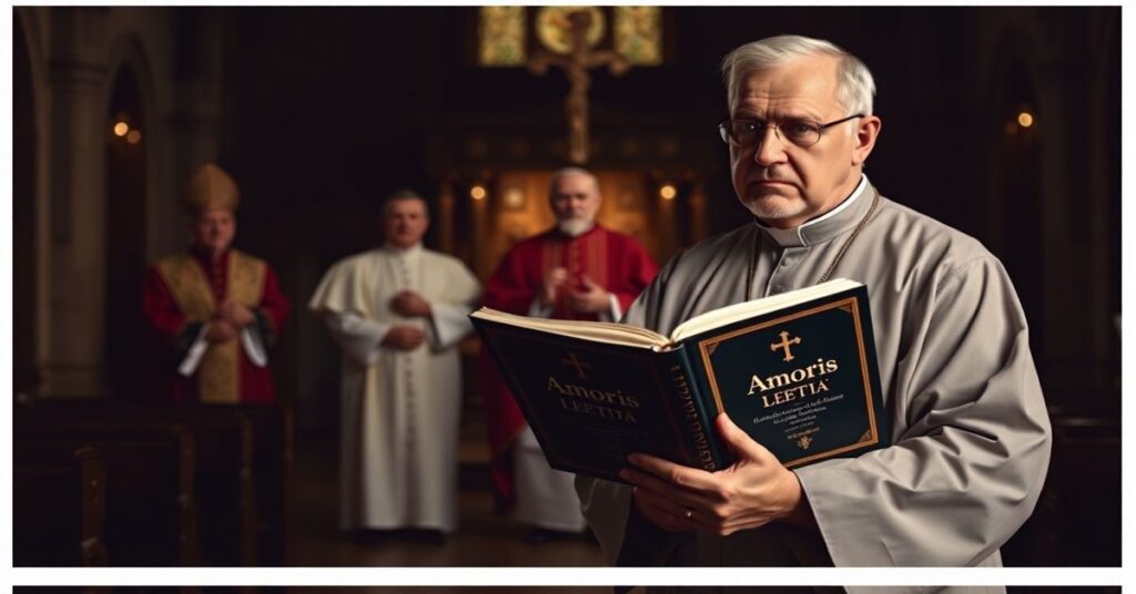 Ksiądz w tradycyjnym kościele trzymając egzemplarz 'Amoris Laetitia', wyraz twarzy pełen smutku i determinacji wobec niszczenia sakramentalnego małżeństwa.