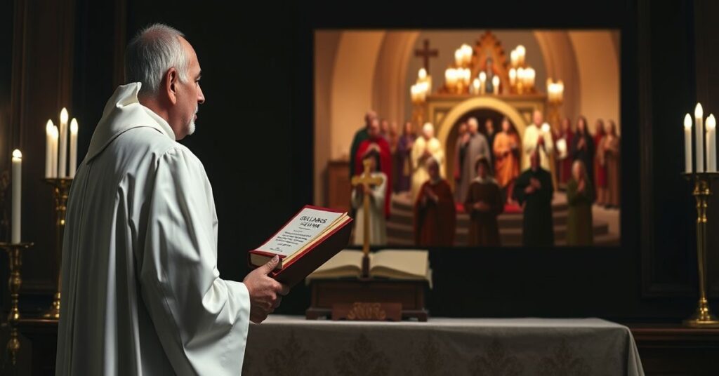 Ksiądz sedevacantysta przed tradycyjnym ołtarzem trzymający Syllabus Errorum Piusa IX z wyraźnym niepokojem na twarzy wobec zdalnego obrazu zgromadzenia ekumenicznej wspólnoty Taizé.