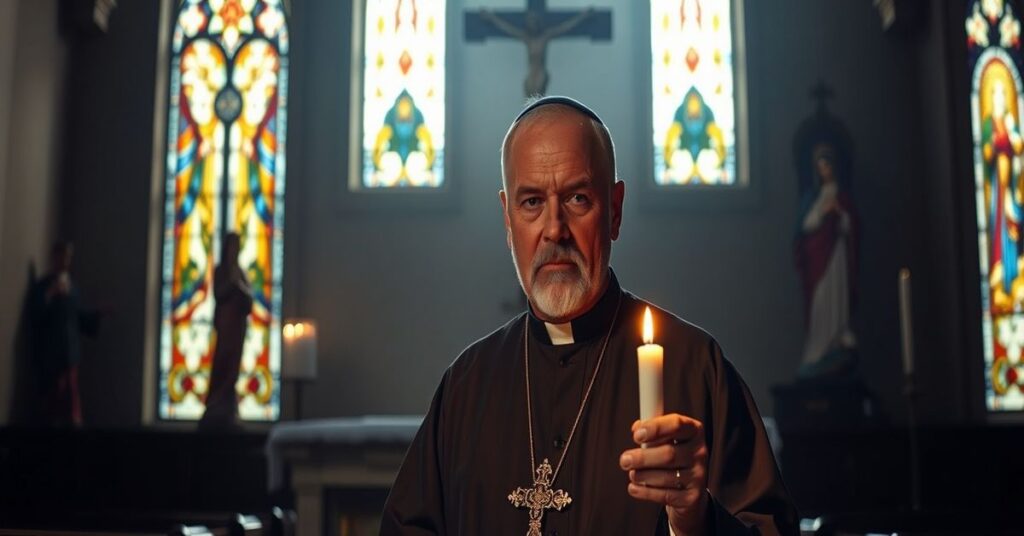 Sede Vacante - Katolicki ksiądz w tradycyjnym habitacie w ciemnej kościelnej kaplicy