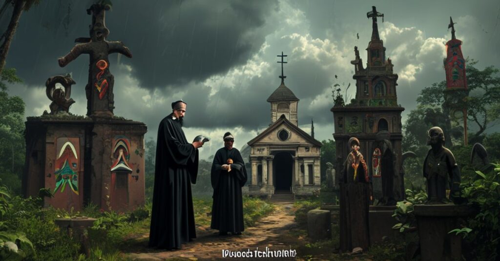 Tradycyjny ksiądz sedewakantysta w kazułce stoi przed zniszczonym kościołem w dżungli amazońskiej, trzymający różaniec. Ciemne chmury nad starożytnymi pogańskimi posągami i nowoczesnymi ołtarzami "Rytu Amazońskiego" na tle symbolizują zniszczenie prawdziwej katolickiej misji.