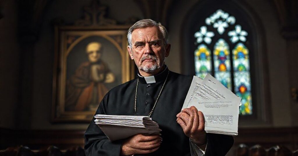 Zdjęcie przedstawiające tradycyjnego katolickiego księdza w sutannie, trzymającego listy od nielegalnych imigrantów z wyraźną obawą i smutkiem. Na tle widać portret Piusa X.