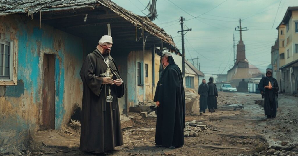 Ksiądz sedewakantysta w tradycyjnych szatach kapłańskich stoi przed tymczasowym schronieniem w zniszczonej ukraińskiej mieście, trzymając krucyfiks. Na tle pracownicy humanitarni rozdają pomoc materialną bez żadnych religijnych symboli. Kontrast pokazuje apostazję struktur posoborowych.