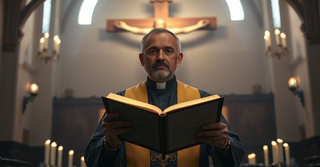 Tradycyjny ksiądz w kościele z Biblią i krzyżem na tle modernistycznych technologii