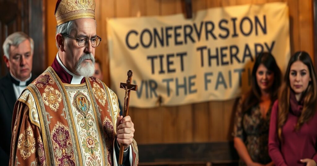 Tradycyjny katolicki ksiądz w przedsoborowych szatach stojący przed spowiedzią z krzyżem w ręku