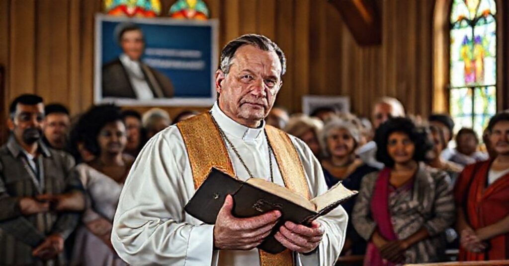 Ksiądz w tradycyjnych szatach kościelnych stoi przed grupą osób z różnych grup etnicznych w kościele wiejskim. Przedstawia przeciwieństwo demokratycznej polityki tożsamości.