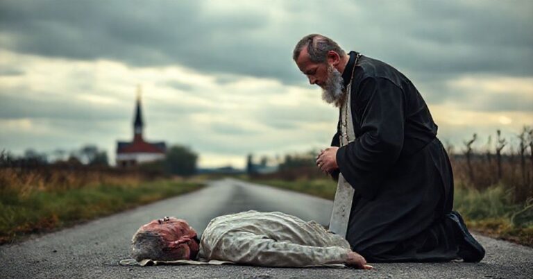 Ksiądz Konrad Staniek udziela ostatnich sakramentów nieprzytomnemu mężczyźnie na drodze między Błogoszowem a Lipnem.