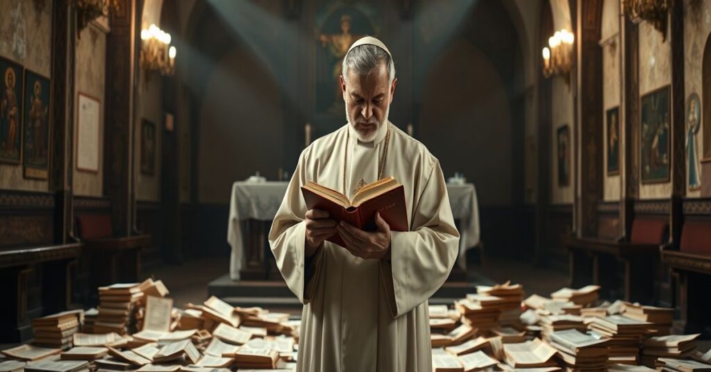 Tradycyjny ksiądz w sutannie widzi dokumenty synodalne podważające naukę katolicką