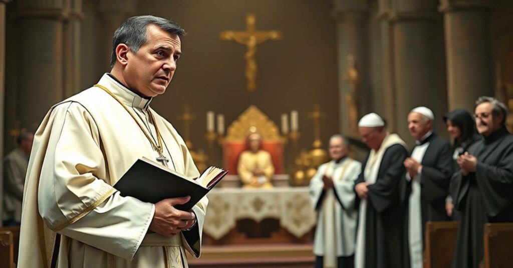 Ksiądz w tradycyjnych szatach kościelnych stoi w ciemnym kościele z książką prawa kanonicznego, wyrażając obawę podczas dyskusji z modernistami o ekumenizmie i prawdziwym Kościele Chrystusowym.