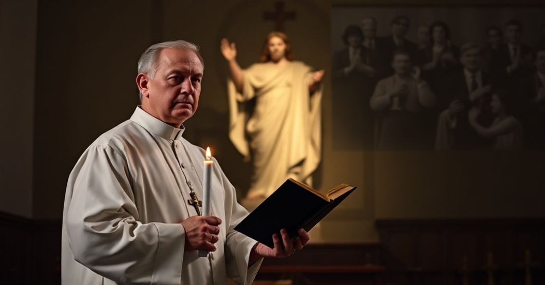 Tradycyjny kapłan katolicki i posąg Chrystusa Króla Tron tradycyjnego księdza katolickiego stojącego przed posągiem Chrystusa Króla w ciemnym kościele