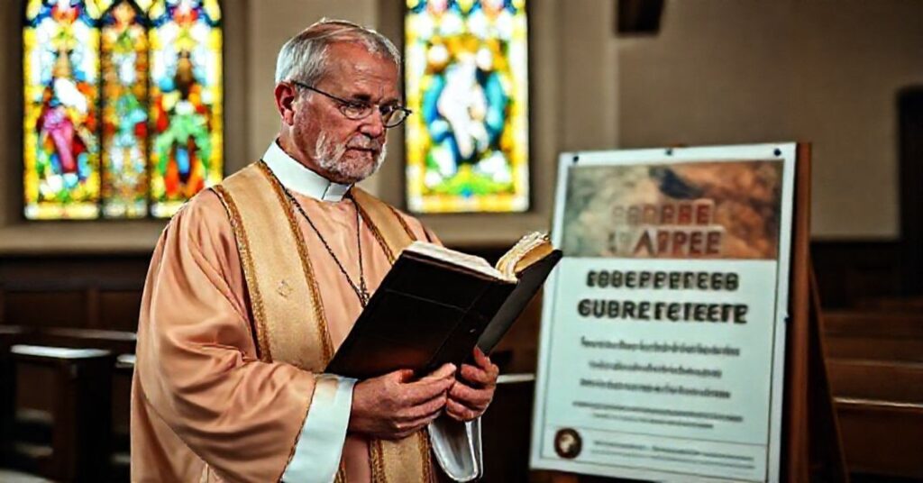 Ksiądz w tradycyjnych szatach liturgicznych stoi w kościele z troską patrząc na afisz propagujący humanitaryzm bez nawiązania do zbawienia