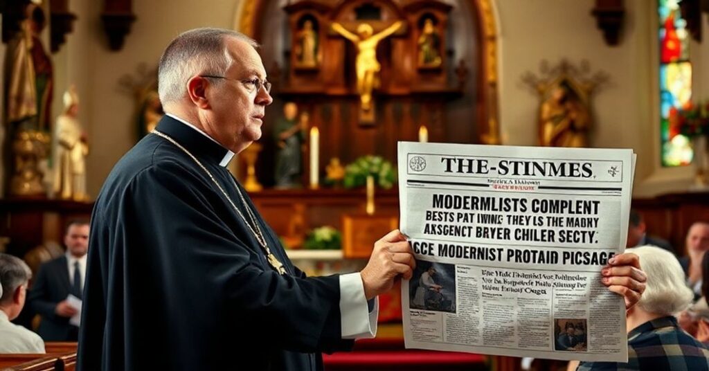 Tradycyjny ksiądz katolicki w sutannie stoi przed amboną w tradycyjnym kościele, prezentując gazetę z nagłówkiem o modernistycznej propagandzie