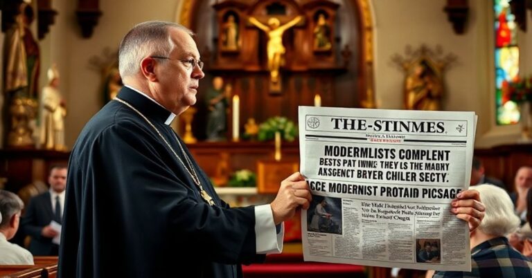 Tradycyjny ksiądz katolicki w sutannie stoi przed amboną w tradycyjnym kościele, prezentując gazetę z nagłówkiem o modernistycznej propagandzie