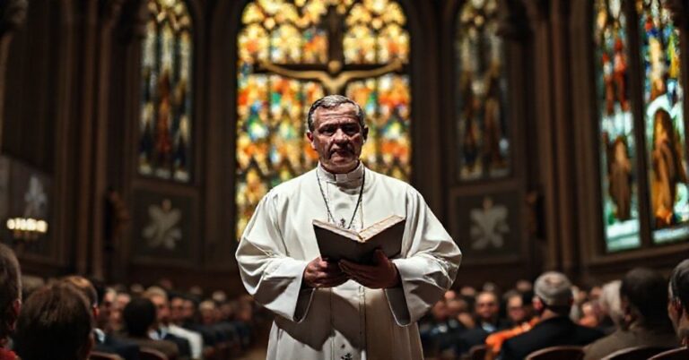 Tradycyjny ksiądz w sutannie przemawia do zgromadzenia w kościele, ostrzegając przed herezją "Leona XIV"