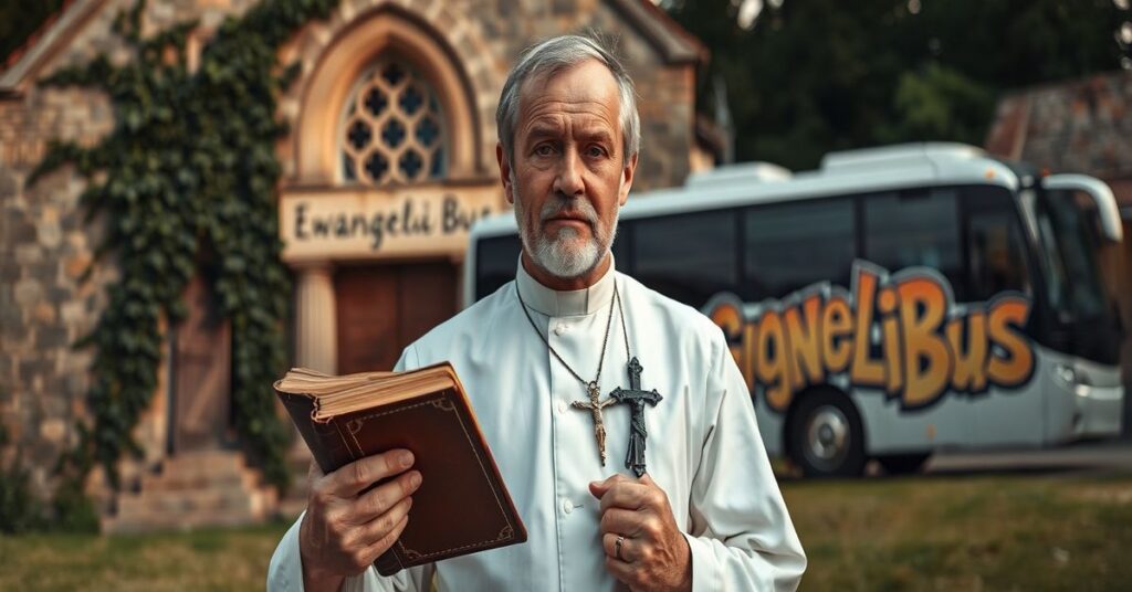 Tradycyjny ksiądz katolicki w rustykalnym otoczeniu przed starym kościołem z częściowo zasłoniętym napisem 'EwangeliBus'. Bus 'EwangeliBus' z kolorowym grafitti na tle. Kontrast między tradycją a nowoczesnością.
