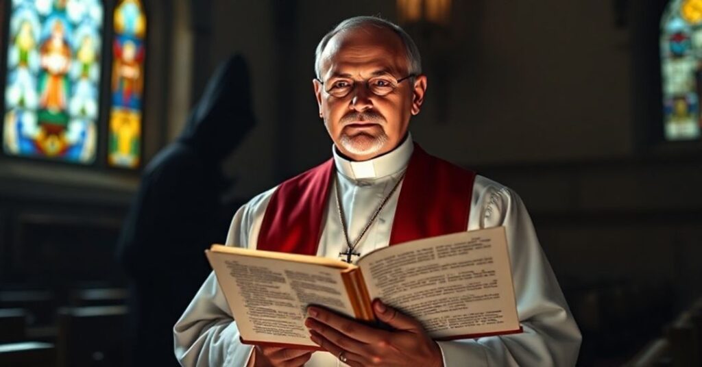 Ks. w tradycyjnych szatach stoi w ciemnym kościele z Biblią, akcentując sprawiedliwość i miłosierdzie Boże.