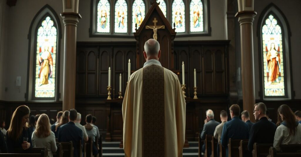 Tradycyjny ksiądz katolicki w ornaty w kaplicy modli się z młodzieżą z Diecezji Legnickiej.